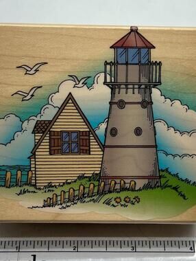 Hero Arts Lighthouse Coastal Scene Rubber Stamp Beach Ocean Wood Mounted Vintage